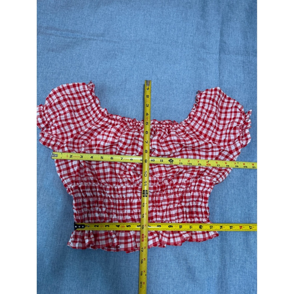 B-Wear Red Gingham Smocked Crop Top Short Sleeve Ruffle Blouse Large - Picture 6 of 6